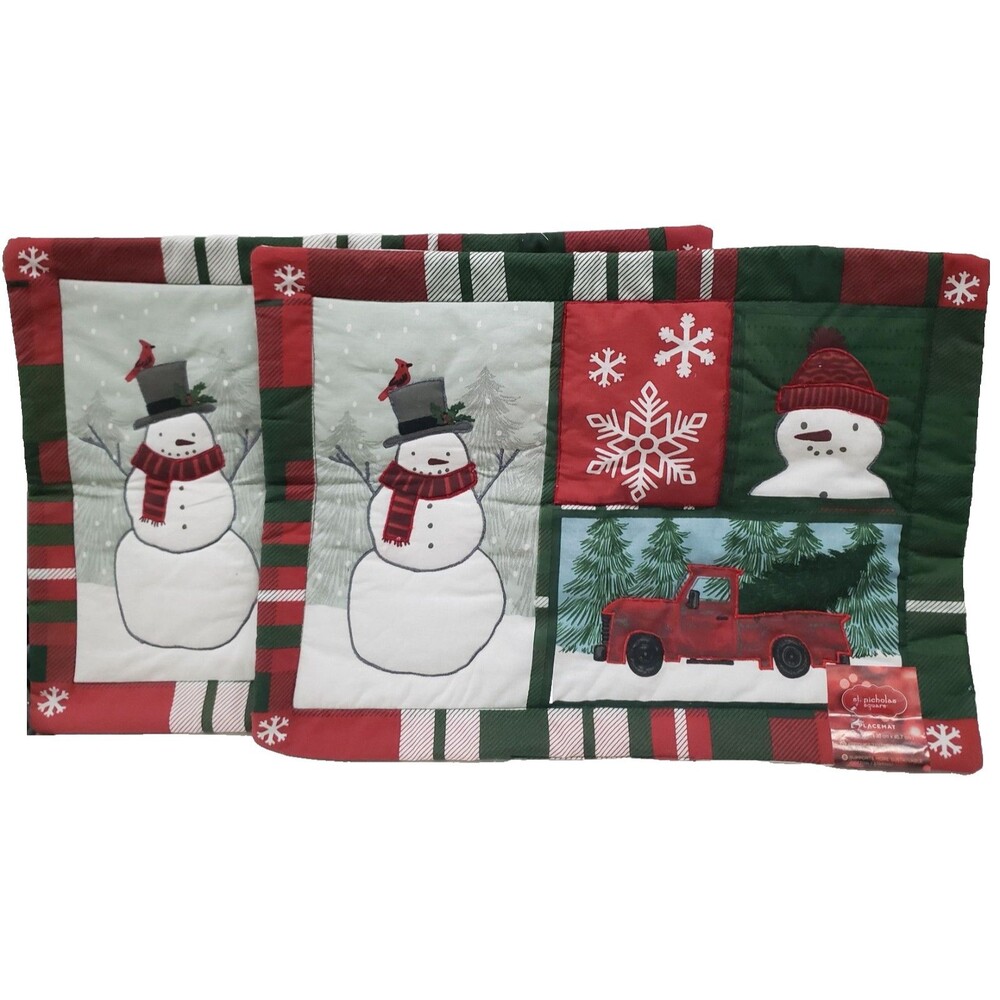 Set of 2 Same Quilted Fabric Placemats (13"x18") CHRISTMAS SNOWMEN PATCHWORK,SNS